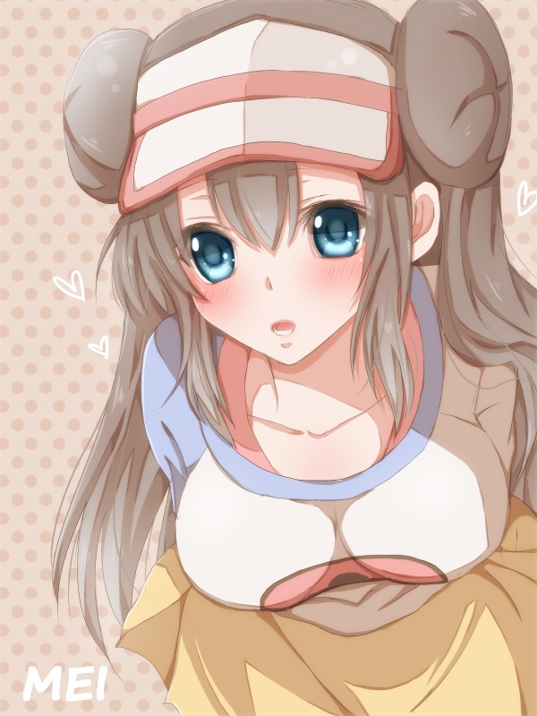 blue_eyes, blush, breasts, brown_hair, character_name, double_bun, heart, hiro_(hirohiro31)