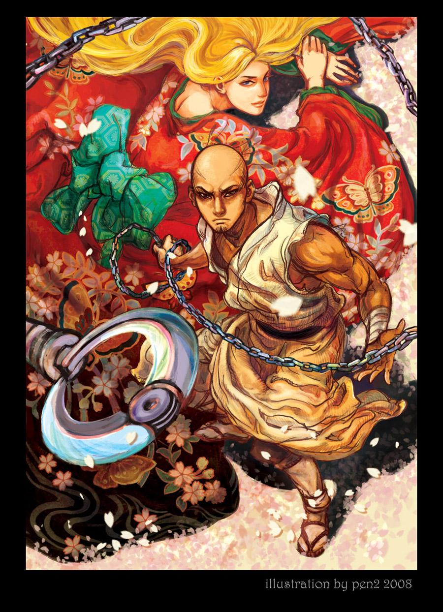 1girl, asano_rin, bald, blade_of_the_immortal, blonde_hair, chain, chains, dark_skin