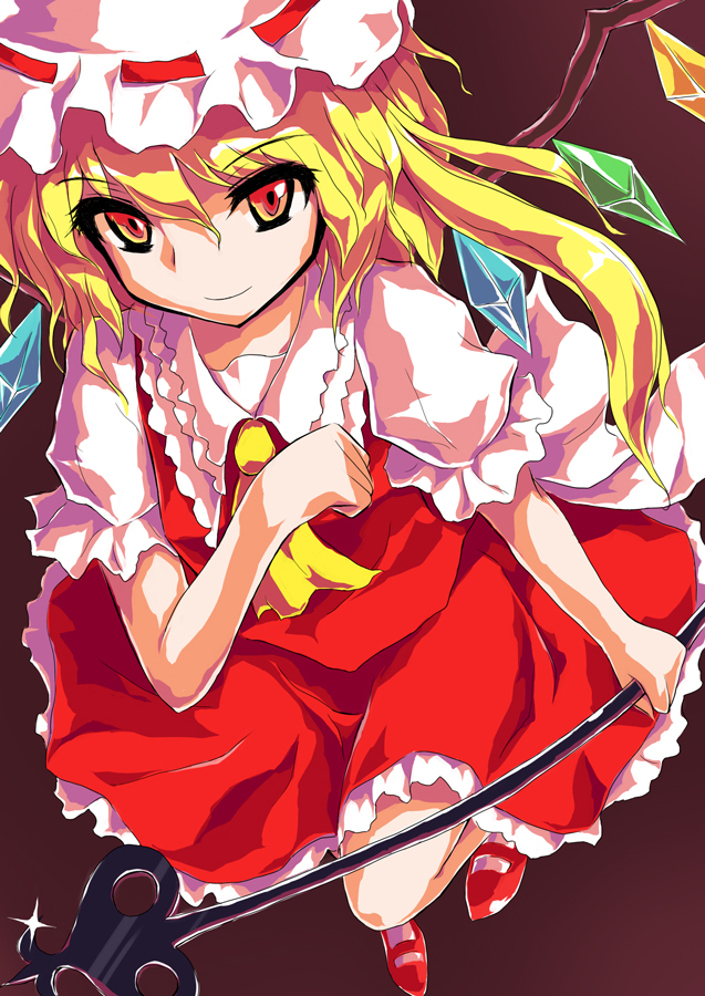 1girl, alphes_(style), ascot, blonde_hair, blouse, eyebrows_visible_through_hair, flandre_scarlet, hat
