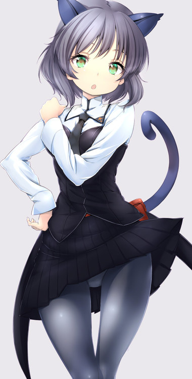 :o, animal_ears, artist_request, cat_ears, cat_tail, dress_shirt, grey_hair, panties