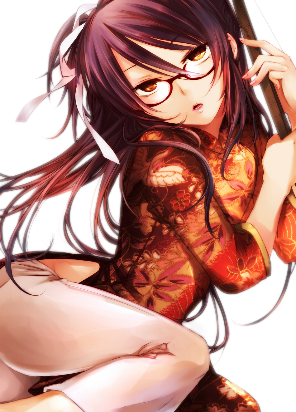 androgynous, bow, bow_(weapon), brown_eyes, china_dress, chinese_clothes, crossdressing, crossdressinging, drifters, glasses, hair_bow, hair_ribbon, highres, lips, long_hair, male, mikazuki_tenma, nasu_no_yoichi, open_mouth, purple_hair, ribbon, solo, trap, weapon