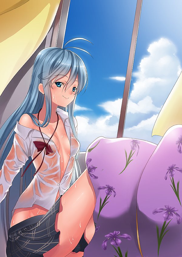 ahoge, antenna_hair, blue_eyes, blue_hair, blush, bow, breasts, denpa_onna_to_seishun_otoko, futon, hot, lamp_studio, long_hair, off_shoulder, open_clothes, open_shirt, school_uniform, sitting, skirt, smile, solo, sweat, sweat_stain, sweating, sweating_profusely, touwa_erio, un4lord, very_long_hair, wet, wet_clothes, wet_shirt