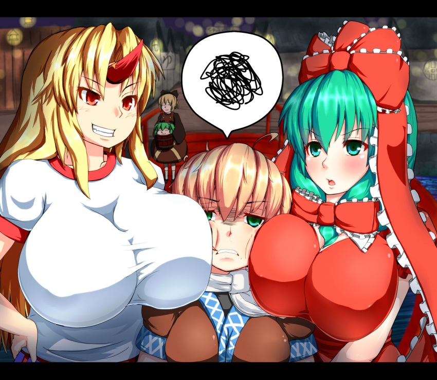 >:d, 4girls, :d, between_breasts, blonde_hair, blush, bow, breast_envy, breast_press, breasts, bucket, dress, frills, front_ponytail, green_eyes, green_hair, grin, hair_bobbles, hair_bow, hair_ornament, hair_ribbon, hands_on_hips, horn, hoshiguma_yuugi, huge_breasts, impossible_clothes, impossible_dress, impossible_shirt, in_bucket, in_container, kagiyama_hina, kisume, kurodani_yamame, lantern, large_breasts, letterboxed, long_hair, mizuhashi_parsee, multiple_girls, open_mouth, pesogiso, ponytail, red_eyes, ribbon, scarf, shirt, shoes, short_hair, short_sleeves, sitting, smile, socks, spoken_squiggle, squiggle, teeth, touhou, twintails, white_legwear
