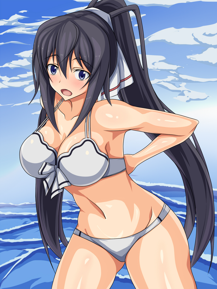 bikini, black_hair, blue_eyes, blush, breasts, cleavage, hair_ribbon, highres