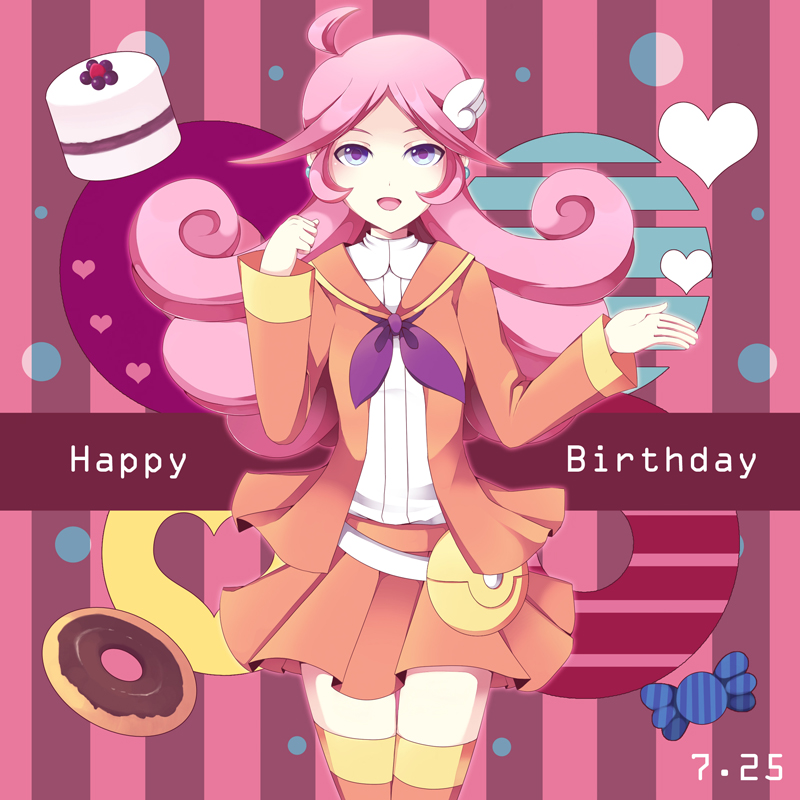 ahoge, blue_eyes, cake, candy, circle, cowboy_shot, dated, doughnut, earrings, food, hair_ornament, happy_birthday, heart, jewelry, long_hair, madou_monogatari, neckerchief, open_mouth, pink_hair, pleated_skirt, puyopuyo, raffine, skirt, solo, striped, striped_background, thigh-highs, thighhighs, yamikage_gumi, zettai_ryouiki