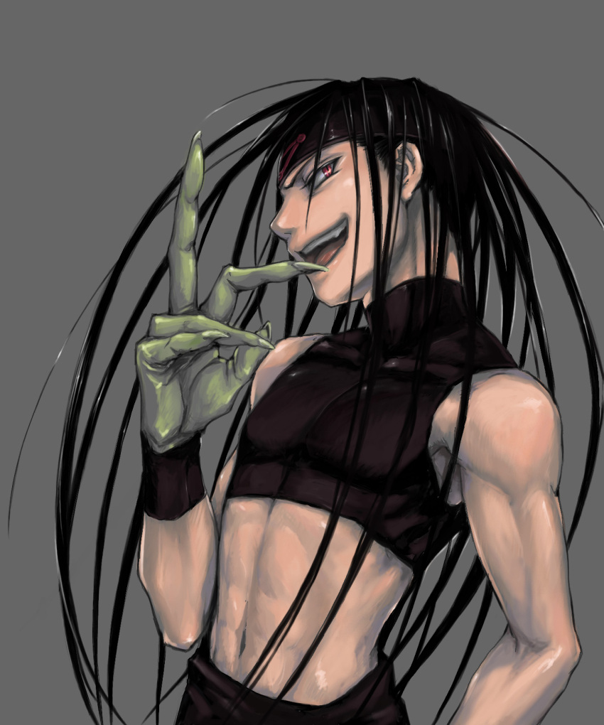 black_hair, envy_(fma), fullmetal_alchemist, highres, homunculus, long_hair, male, midriff