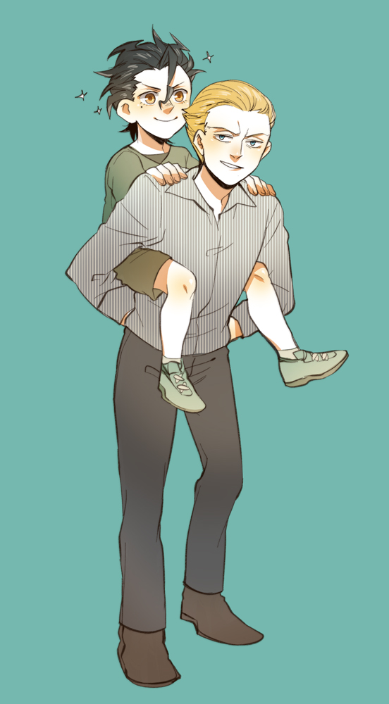 ahoge, black_hair, blonde_hair, blue_eyes, canislatrans, casual, child, fate/zero, fate_(series), kayneth_archibald_el-melloi, lancer_(fate/zero), male, mole, multiple_boys, piggyback, sparkle, yellow_eyes, young