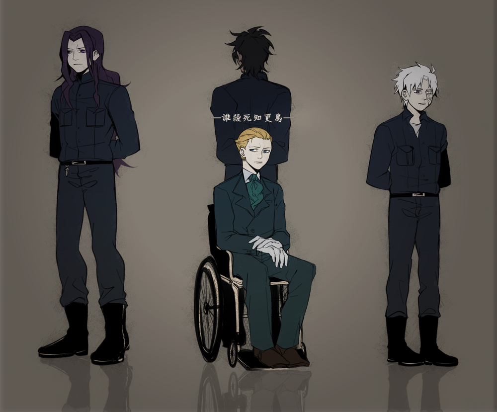 berserker_(fate/zero), black_hair, blonde_hair, canislatrans, fate/zero, fate_(series), kayneth_archibald_el-melloi, lancer_(fate/zero), male, matou_kariya, multiple_boys, purple_hair, wheelchair, white_hair