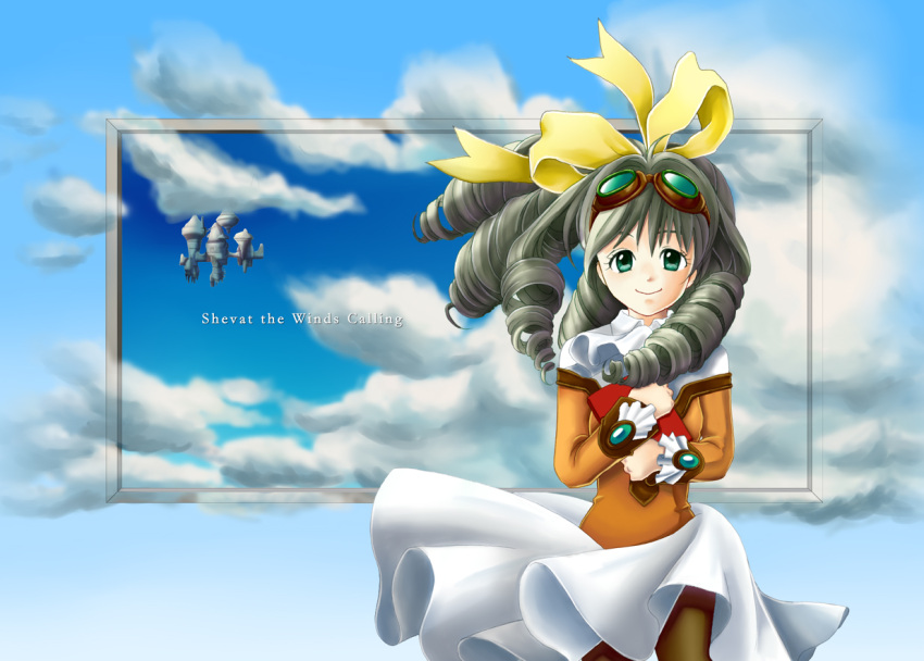 bow, brown_hair, cloud, clouds, drill_hair, floating_city, goggles, goggles_on_head, green_eyes, hair_bow, hair_ribbon, jewelry, long_hair, maria_balthasar, nina_(ninappe), ribbon, skirt, solo, wind, xenogears