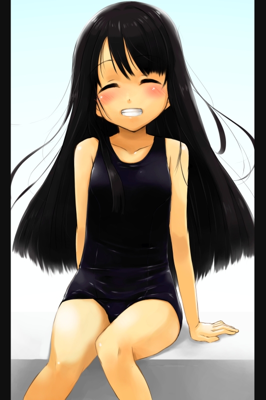 child, closed_eyes, flat_chest, grin, long_hair, one-piece_swimsuit, original, school_swimsuit