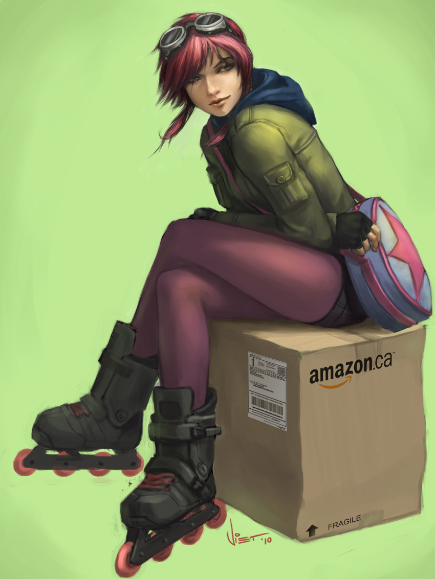 amazon_(company), artist_request, bag, blue_eyes, box, cardboard_box, coat, crossed_legs