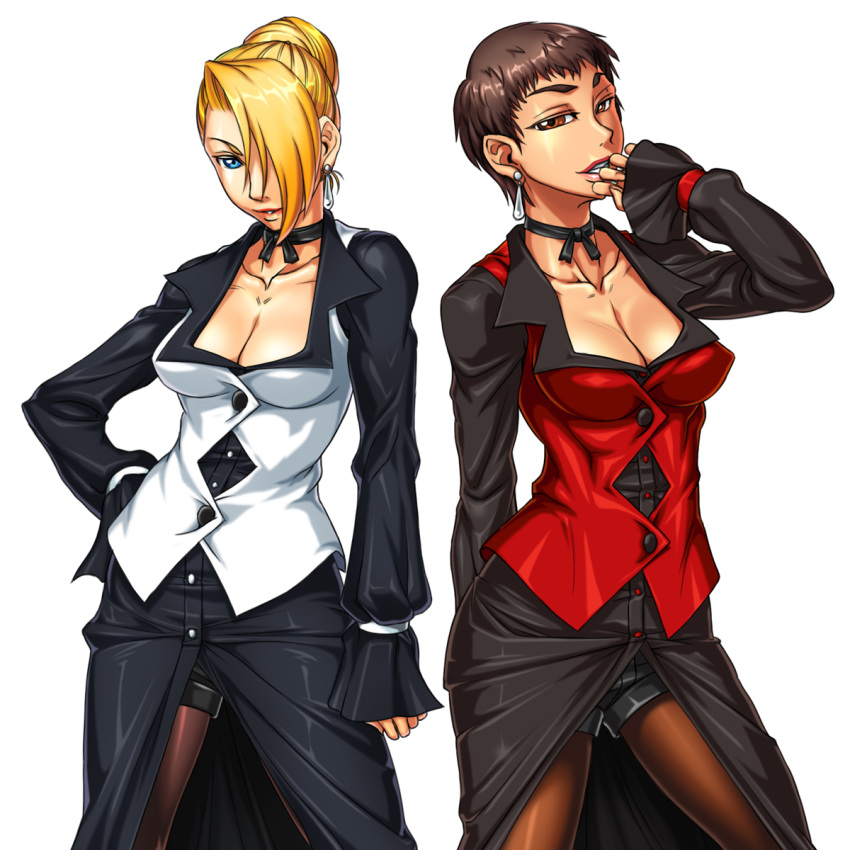 blonde_hair, blue_eyes, breasts, brown_hair, cleavage, highres, king_of_fighters, mature_(kof)