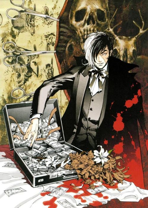 black_hair, black_jack, black_jack_(copyright), flower, kojima_ayami, lily_(flower), male, money, multicolored_hair, scar, scissors, skull, solo, suitcase, two-tone_hair, white_hair