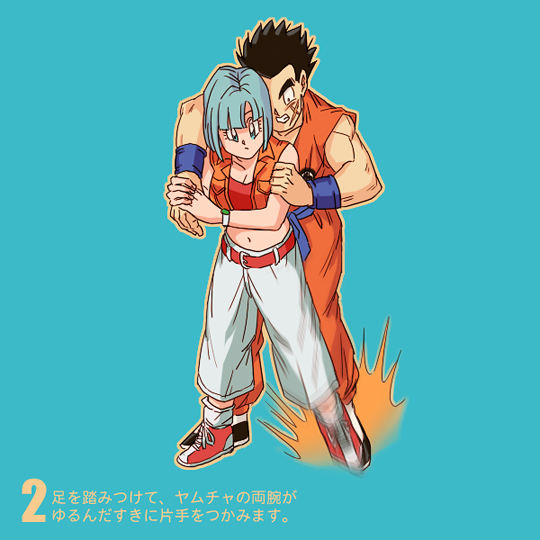 1girl, black_hair, blue_background, blue_eyes, blue_hair, bulma, dragon_ball, dragon_ball_z, dragonball_z, grabbing, midriff, muscle, navel, origami_(red), scar, short_hair, wristband, yamcha
