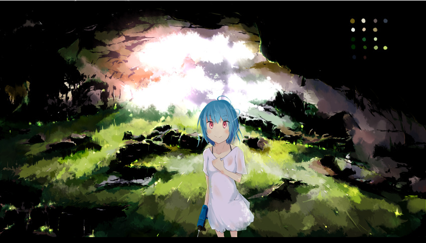 ahoge, blue_hair, blush_stickers, cave, color_guide, dress, hand_on_own_chest, highres