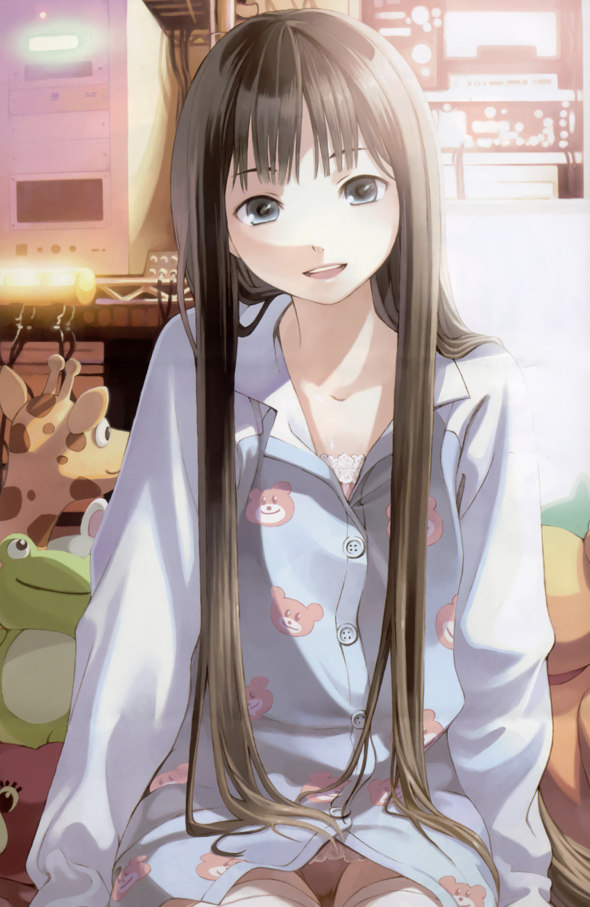 absurdres, black_hair, blue_eyes, computer, fixed, happy, highres, kami-sama_no_memo-chou, kamisama_no_memochou, kishida_mel, long_hair, official_art, pajama, pajamas, panties, pantsu, pantyshot, pantyshot_(sitting), scan, shionji_yuuko, sitting, smile, solo, stuffed_animal, stuffed_frog, stuffed_toy, thigh-highs, thighhighs, underwear, very_long_hair, white_legwear