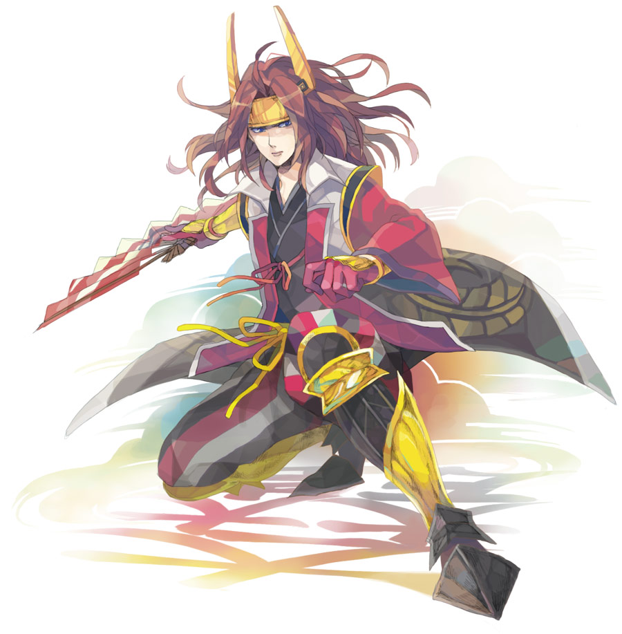 blue_eyes, brown_hair, chara_rira, fan, folding_fan, hat, headband, ishida_mitsunari_(sengoku_musou)