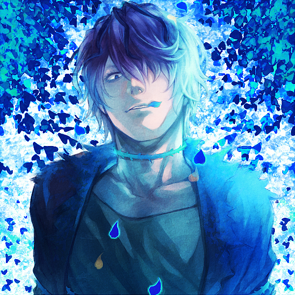 blue, blue_eyes, blue_hair, garry_(ib), gary_(ib), hair_over_one_eye, ib, male, neopara, petals, short_hair, solo, wavy_hair