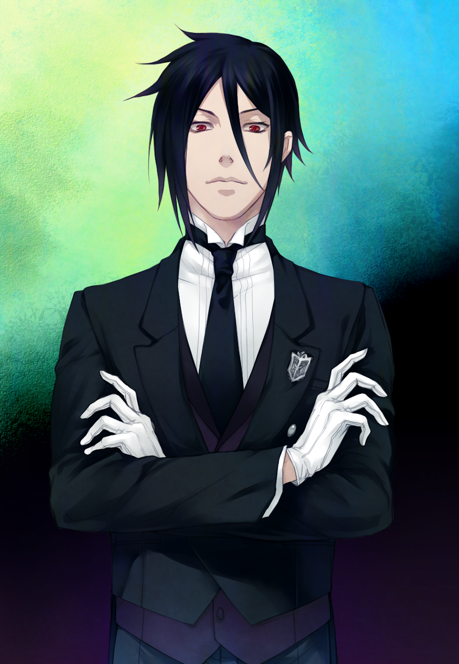 black_hair, crossed_arms, formal, gloves, highres, kuroshitsuji, male, neopara