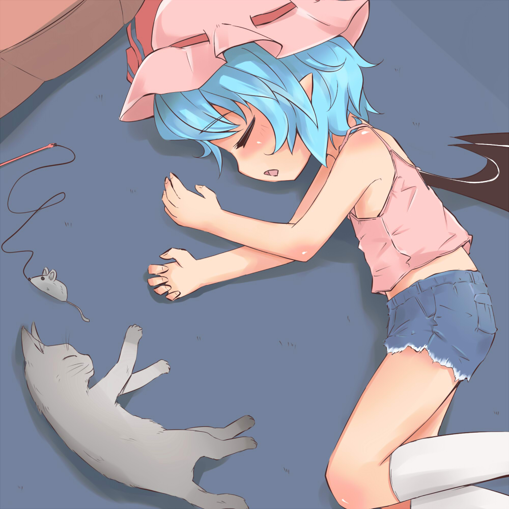 alternate_costume, bat_wings, blue_hair, camisole, cat, closed_eyes, cutoffs, denim
