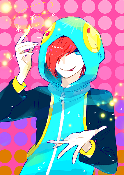 blue_eyes, chasuke_(kiken), colorful, hoodie, leon, pop'n_music, pop'n_music, red_hair, redhead, smile, solo