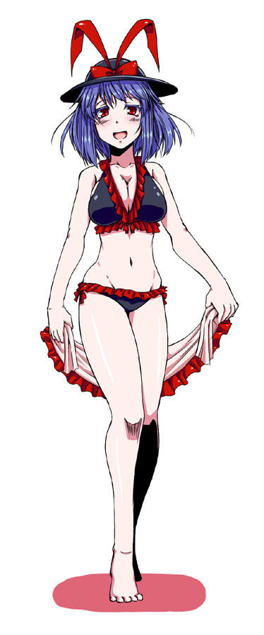alternate_costume, barefoot, bikini, blue_hair, bow, breasts, cleavage, collarbone
