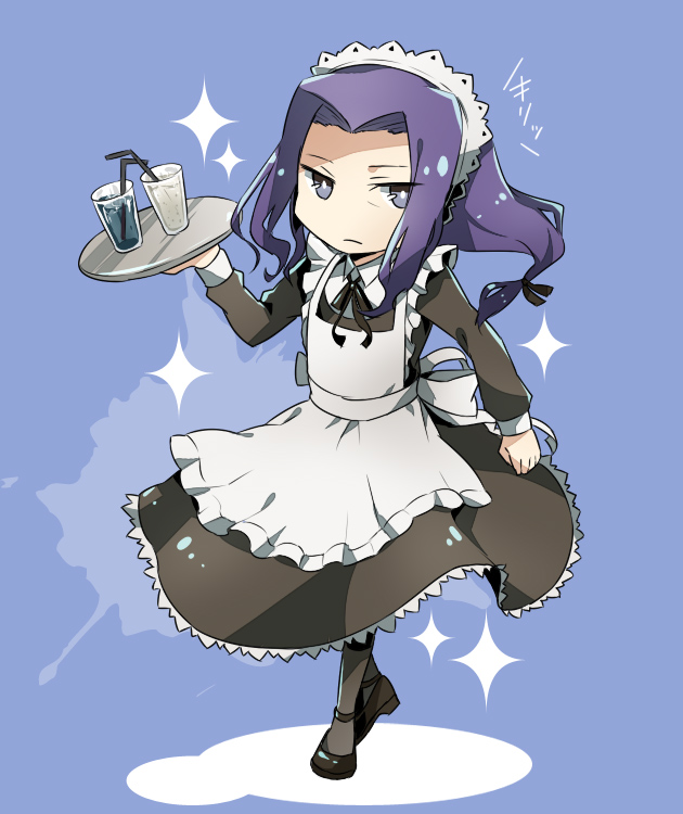 alternate_costume, apron, berserker_(fate/zero), blue_background, chibi, crossdressinging, enmaided, fate/zero, fate_(series), long_hair, maid, maid_headdress, male, mary_janes, nobo_(nobocoz), pantyhose, purple_eyes, purple_hair, shoes, simple_background, solo, sparkle, tray, violet_eyes