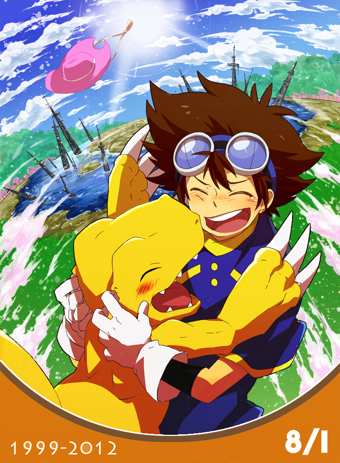 brown_hair, child, cloud, clouds, digimon, digimon_adventure, goggles, hat, sensyanohanasi, sky, smile, water, yagami_taichi