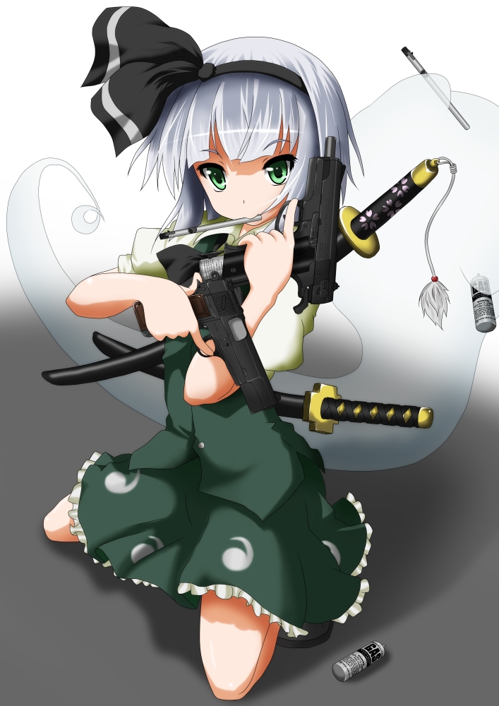 airsoft, artist_request, browning_hi-power, dual_wielding, green_eyes, gun, hair_ribbon, hairband