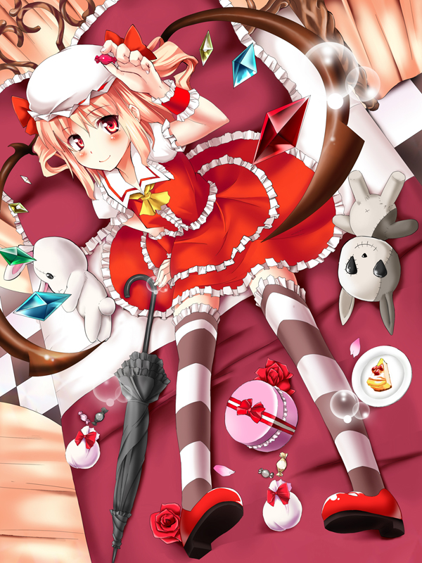 ascot, bag, bed, bedroom, blonde_hair, bow, cake, checkered