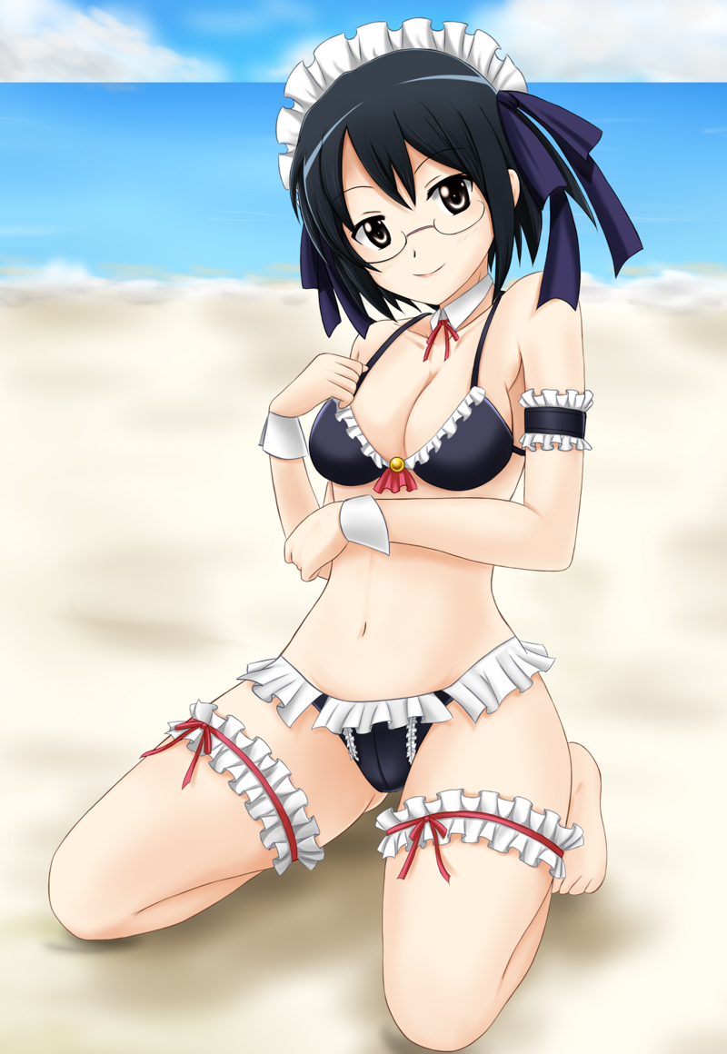 bare_shoulders, barefoot, beach, bikini, black_eyes, black_hair, breasts, cleavage, cloud, detached_collar, frills, fuuma_nagi, garters, glasses, hair_ribbon, head_tilt, houjou_souun_(sengoku_collection), kneeling, looking_at_viewer, maid_headdress, navel, ribbon, sengoku_collection, short_hair, sky, smile, swimsuit, water, wrist_cuffs