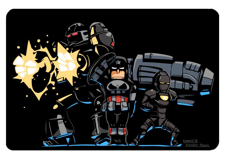 alternate_color, bazooka, black, captain_america, energy, fighting_stance, glowing, height_difference