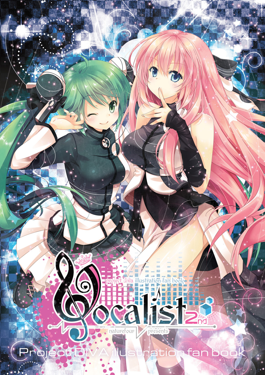 blue_eyes, checkered, checkered_background, cover, fanbook, green_eyes, green_hair, hatsune_miku