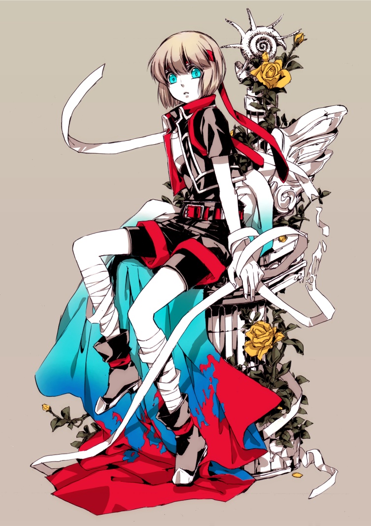 bandage, bandages, blue_eyes, brown_hair, flower, gensou_suikoden, gensou_suikoden_iv, headband, ichiko_milk_tei, lazlo, male, rose, short_hair, shorts, solo