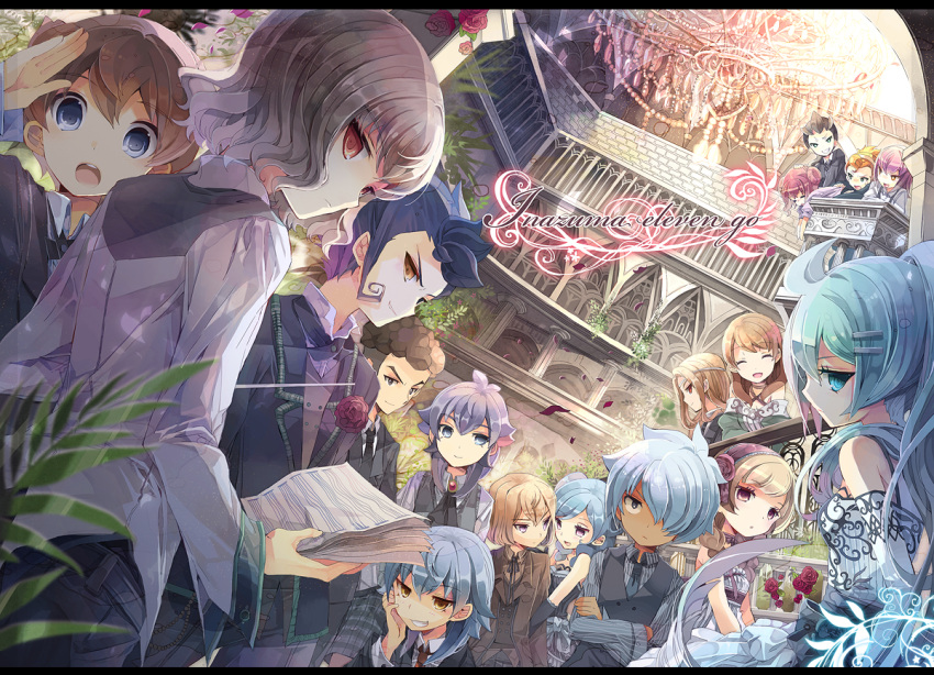 5girls, 6+boys, :o, aqua_eyes, aqua_hair, arm_grab, belt, beta_(inazuma_eleven)