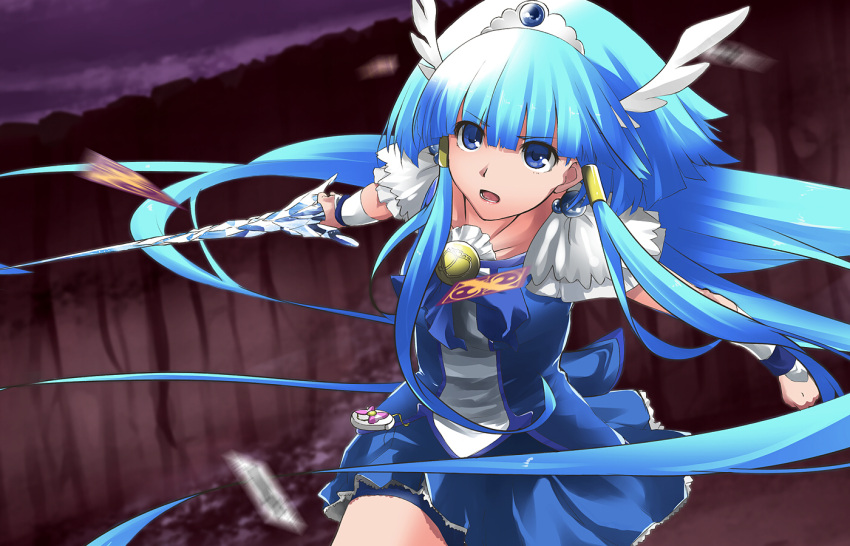 aoki_reika, bike_shorts, blue_dress, blue_eyes, blue_hair, bowtie, brooch, choker