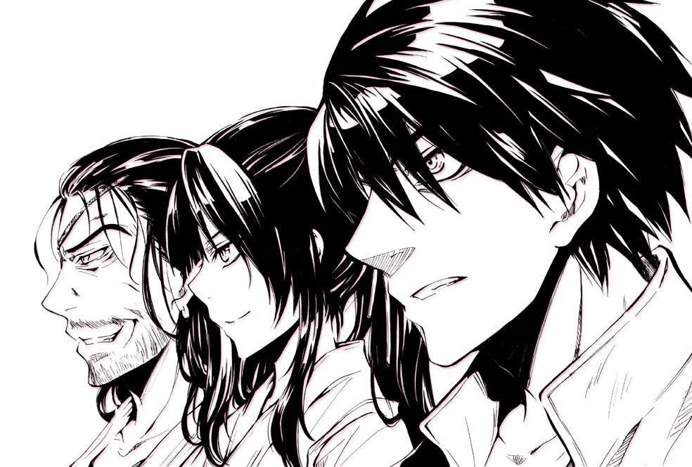 drifters, eyepatch, glaring, grin, hibi, long_hair, male, multiple_boys