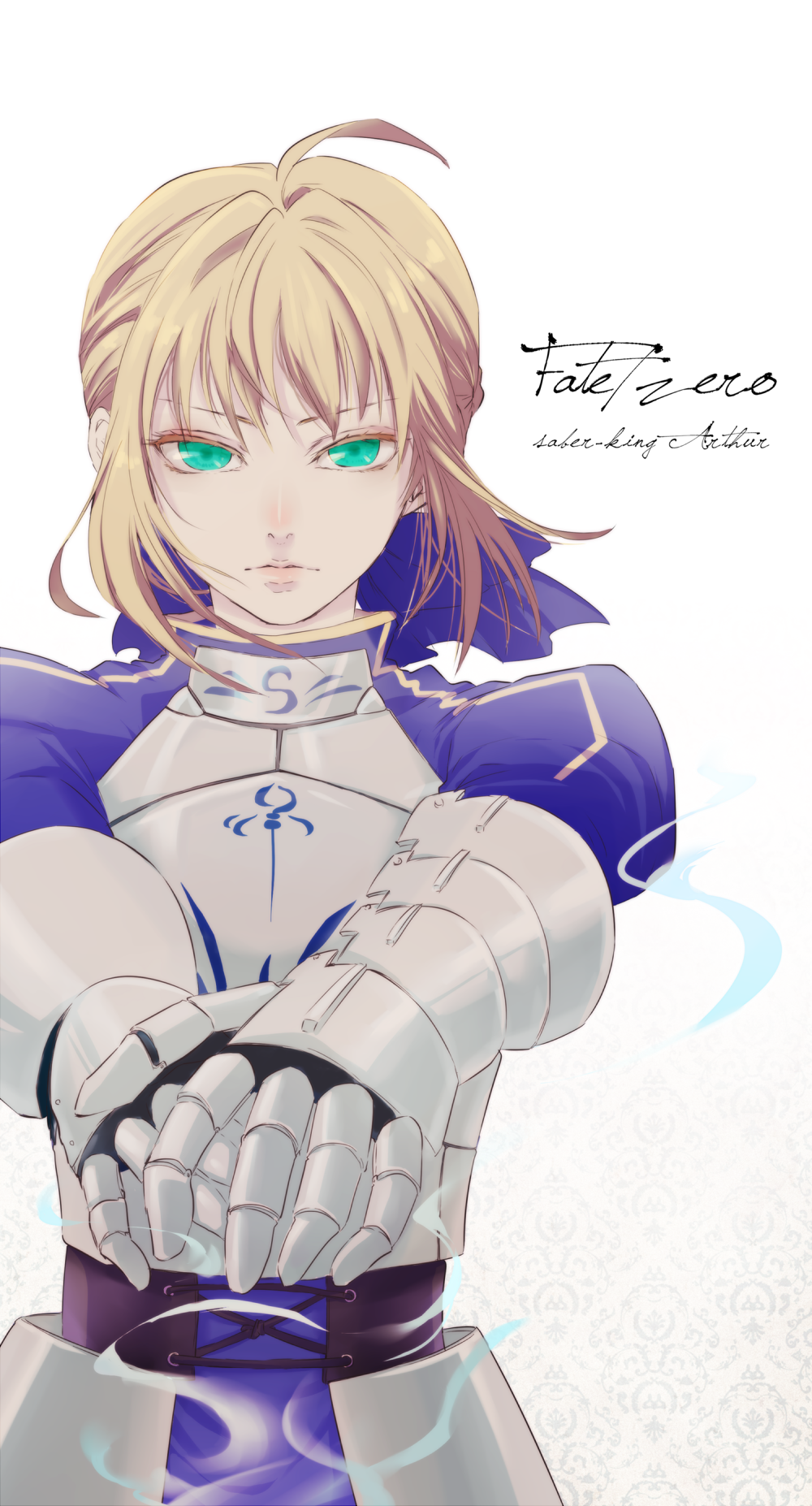 ahoge, armor, armored_dress, blonde_hair, fate/zero, fate_(series), gauntlets, green_eyes