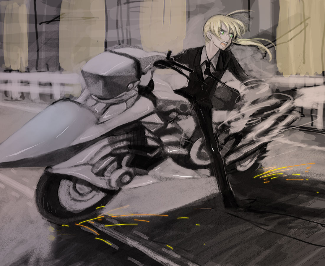 1girl, ahoge, blonde_hair, dress, fate/zero, fate_(series), formal, green_eyes