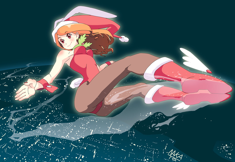 boots, bunny_ears, bunnysuit, christmas, hat, long_hair, nakato, orange_eyes, orange_hair, original, pantyhose, rabbit_ears, santa_hat, solo