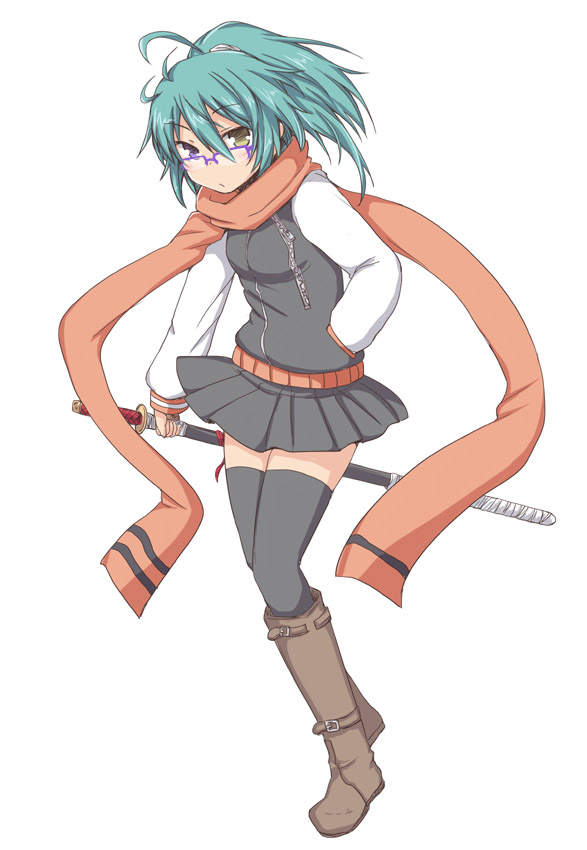 black_legwear, blush, breasts, copyright_request, female, glasses, green_hair, heterochromia
