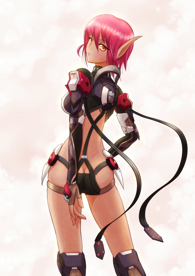 ass, blush, butt_crack, dark_skin, elf, from_behind, hunewearl, looking_back, neighbor_quartz, open_hand, orange_eyes, phantasy_star, phantasy_star_online_2, pink_background, pink_hair, pointy_ears, ryu-akt, solo, standing, sue_(phantasy_star_online)