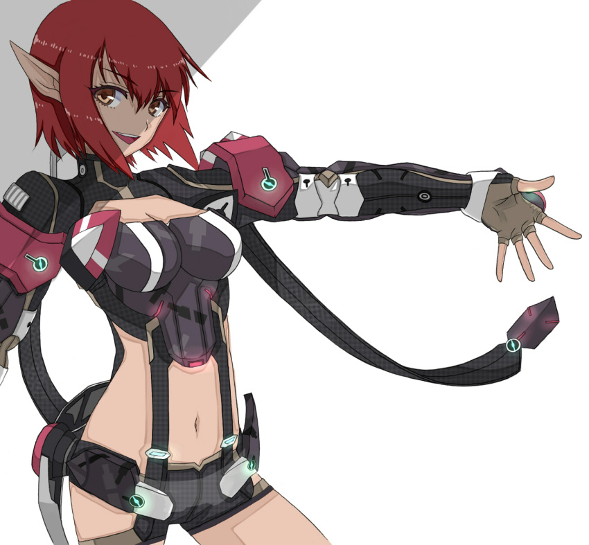 breasts, brown_eyes, cleavage, elf, fingerless_gloves, gloves, highres, hunewearl, hunter_(phantasy_star_online_2), looking_at_viewer, midriff, navel, neighbor_quartz, outstretched_arm, phantasy_star, phantasy_star_online, phantasy_star_online_2, pointy_ears, r_n_(kisaragiyurii), red_hair, redhead, short_hair, short_shorts, shorts, smile, solo