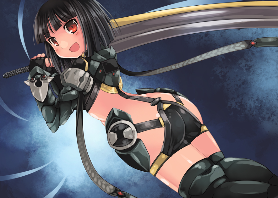 ass, black_hair, blush, energy_sword, energy_weapon, fingerless_gloves, from_behind, gloves, humarl, kouno_hikaru, neighbor_quartz, open_mouth, phantasy_star, phantasy_star_online, phantasy_star_online_2, red_eyes, short_hair, solo, sword, weapon