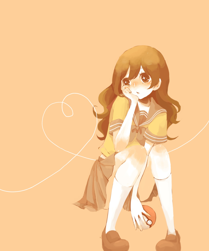 brown_eyes, chin_rest, highres, lass_(pokemon), mitu-yuki, poke_ball, pokemon, pokemon_(game), pokemon_bw, school_uniform, simple_background, sitting, skirt, socks