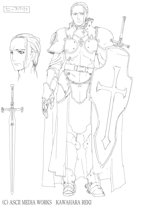 abec, armor, character_sheet, copyright_notice, heathcliff, male, official_art, shield, shield_scabbard, sword, sword_art_online, watermark, weapon