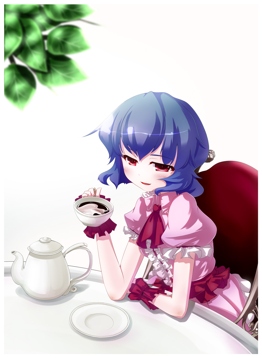 cup, highres, no_hat, no_headwear, red_eyes, remilia_scarlet, short_hair, sitting