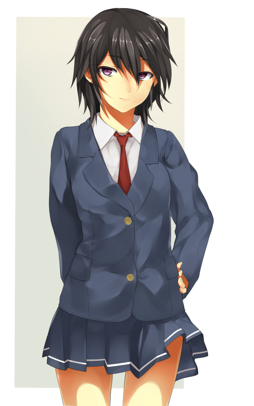 arm_behind_back, black_hair, blazer, dress_shirt, hand_on_hip, highres, hips, necktie