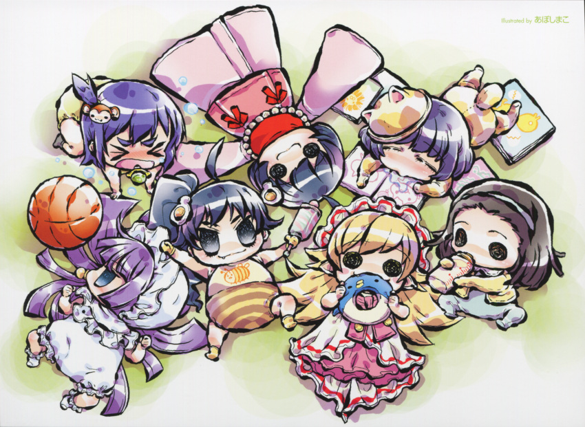>_<, :3, aboshi_mako, ahoge, araragi_karen, araragi_tsukihi, baby, baby_bottle, bakemonogatari, basketball, bee, bib, biting, black_hair, blonde_hair, blue_hair, book, bottle, cat_hood, child_drawing, crying, diaper, drooling, fang, fried_egg, gloves, hair_ornament, hairband, hanekawa_tsubasa, highres, hood, japanese_clothes, kanbaru_suruga, kimono, long_hair, lying, monogatari_(series), multiple_girls, nekomonogatari, nisemonogatari, oshino_shinobu, pacifier, pajamas, pointy_ears, purple_hair, rattle, scan, sengoku_nadeko, senjougahara_hitagi, short_hair, siblings, side_ponytail, sisters, sleeping, smile, socks, solid_circle_eyes, stuffed_animal, stuffed_penguin, stuffed_toy, young