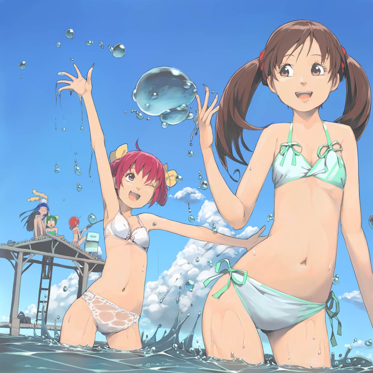 :d, ;d, akinbo_(hyouka_fuyou), aoki_reika, arm_up, bikini, blue_eyes, brown_hair